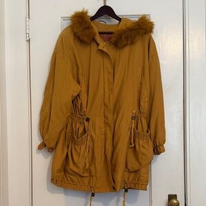 Women's Mustard Hooded Jacket with Fur Trim